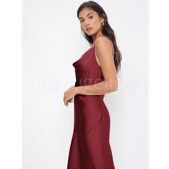 Burgundy Satin Cami Dress Midi Adjustable Spaghetti Straps - Picture 4 of 8